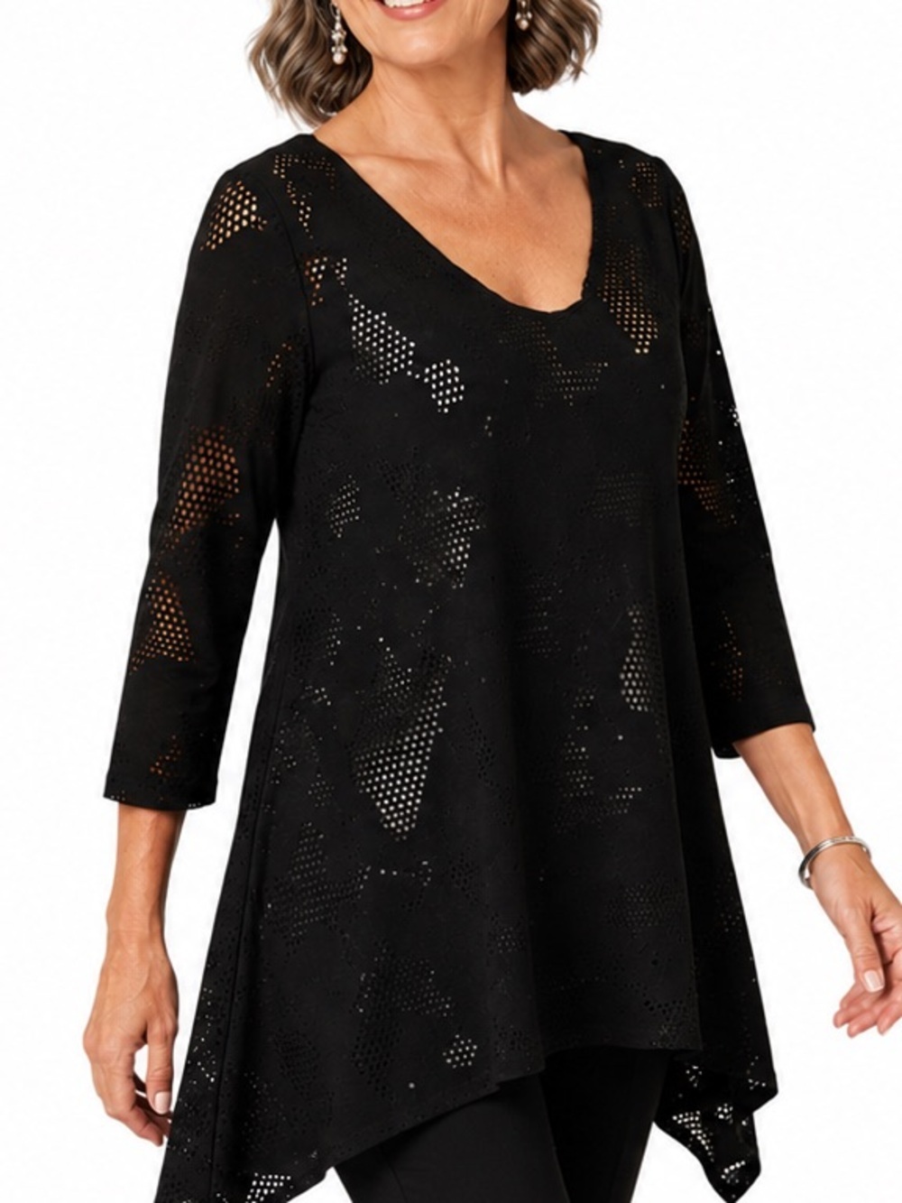 Clara Sun Woo black laser cut tunic floral 3/4 sleeve asymmetrical hem XS